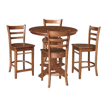 International Concepts 36 in. Solid Wood Round Extension Dining Table with 4 Counter Height Stools in Distressed Oak K42-36RXT-23B-S61724